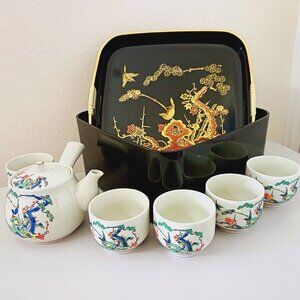 JGI Shaddy Mino China Japanese Tea Set Kettle 5 Cups Tray Box Birds